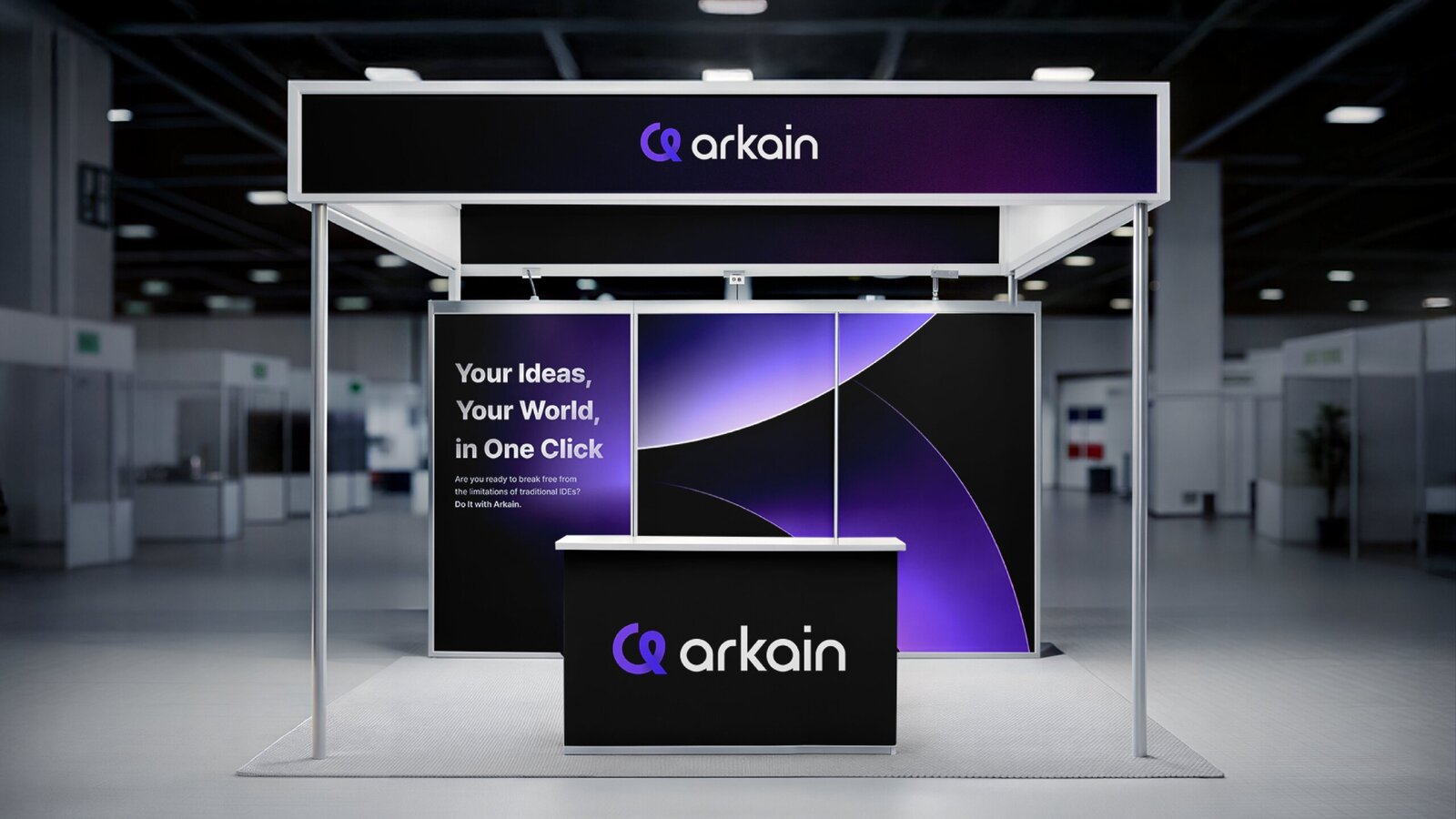 Arkain 심볼이 반영된 전시 부스 현장을 시뮬레이션한 이미지